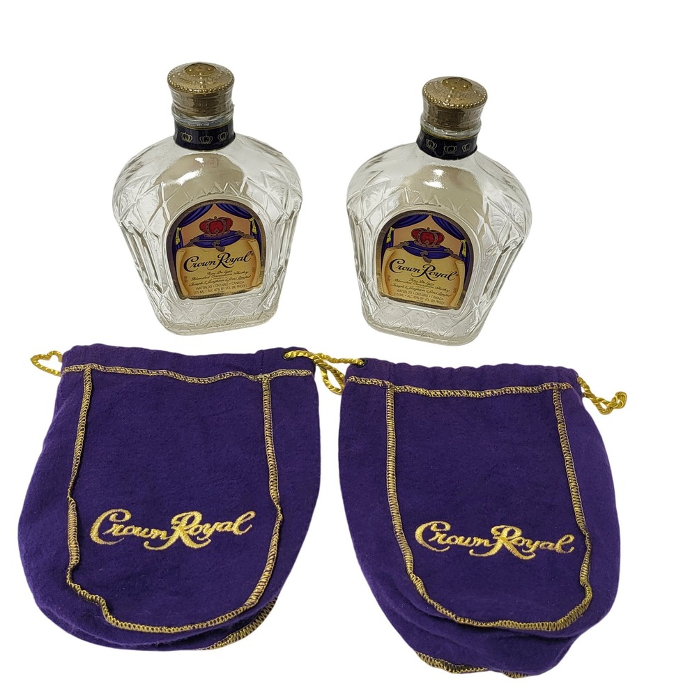 Crown Royal Empty Glass Bottles 375ml with Purple Felt Drawstring Bags Set of 2